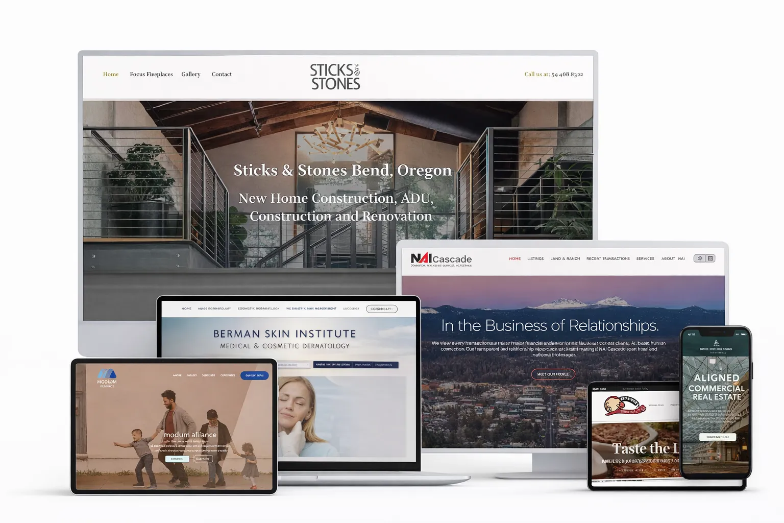 Collage of custom website designs created by GelFuzion for businesses in construction, real estate, medical, restaurant, and service industries