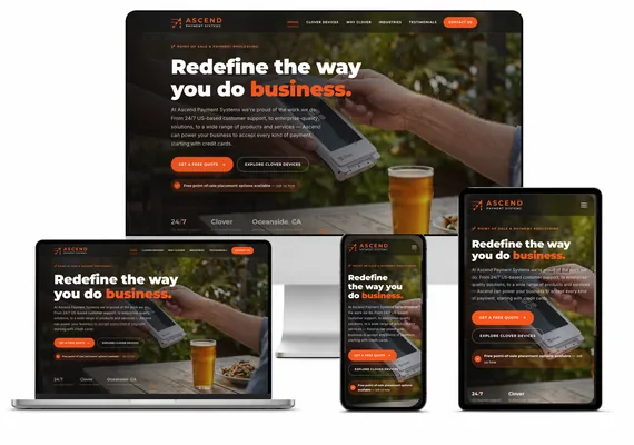 A bold, conversion-focused website designed to showcase Ascend Payment Systems' Clover point-of-sale hardware and payment processing for restaurants, breweries, and retail. Built as a fast, fully responsive one-page experience with rich imagery, clear calls to action, and messaging that highlights 24/7 US-based support.