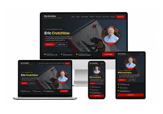 A bold, modern campaign website designed to showcase Eric Crutchlow’s vision for Santa Clara City Council District 3. Built with responsive layouts, clear messaging, intuitive navigation, and strong calls to action to engage voters and encourage community involvement.