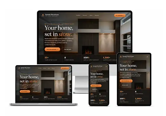 A rugged, craftsmanship-focused website designed to showcase Summit Tile & Stone's custom showers, backsplashes, fireplaces, and natural stone work in Montana's Bitterroot Valley. Built with a responsive layout, striking project imagery, and clear calls to action to turn homeowners and builders into new project inquiries.