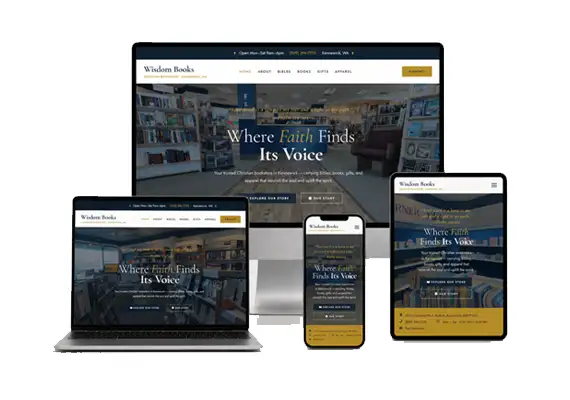 A welcoming local business website for Wisdom Books, created to reflect the warmth and purpose of a Christian bookstore in Kennewick. Designed with responsive layouts, clear store information, faith-centered messaging, and easy paths to contact, directions, and product categories.